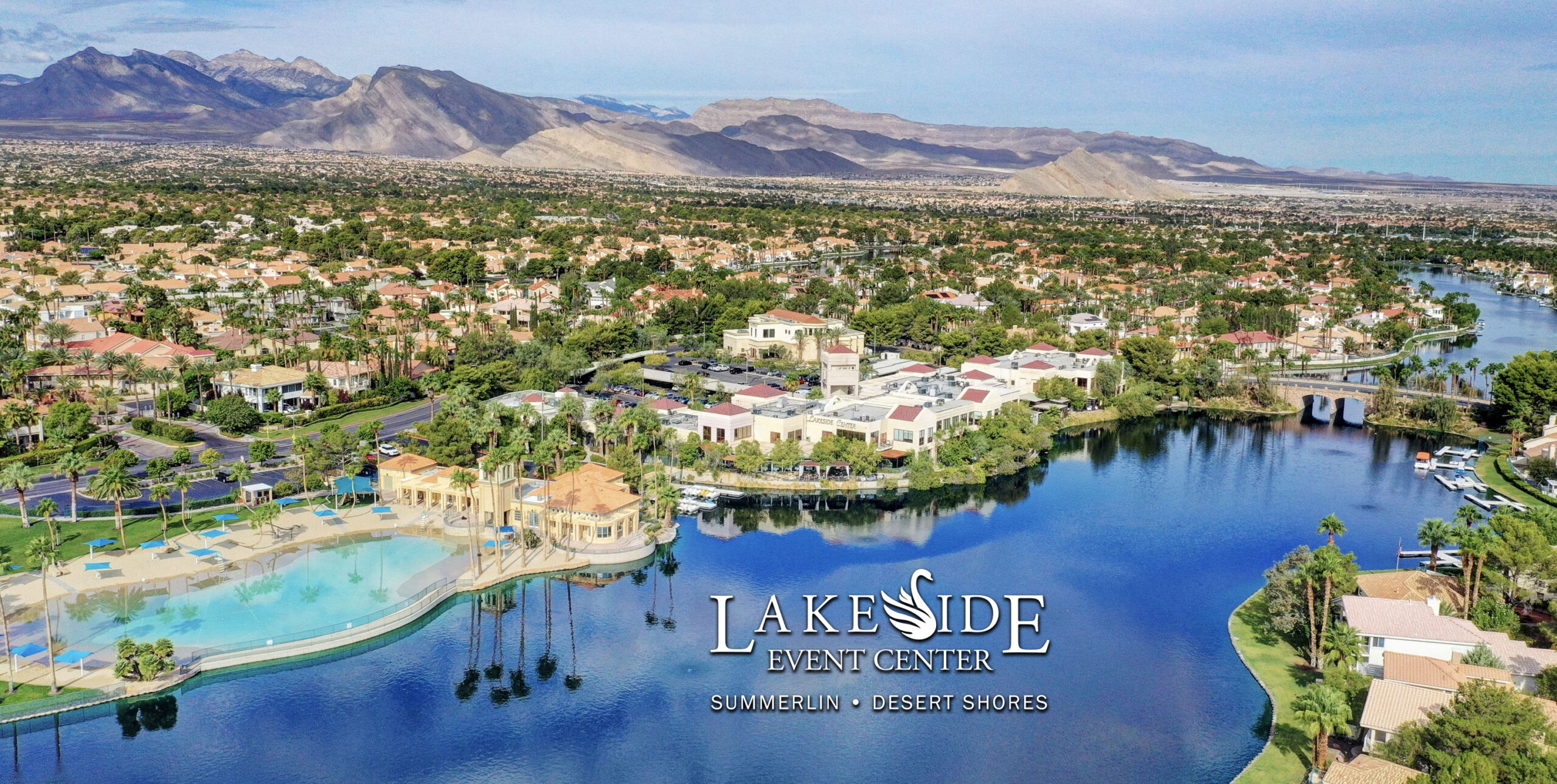 Aerial View of Lakeside Event Center in Desert Shores Summerlin showing the Lake and Clubhouse with the Village